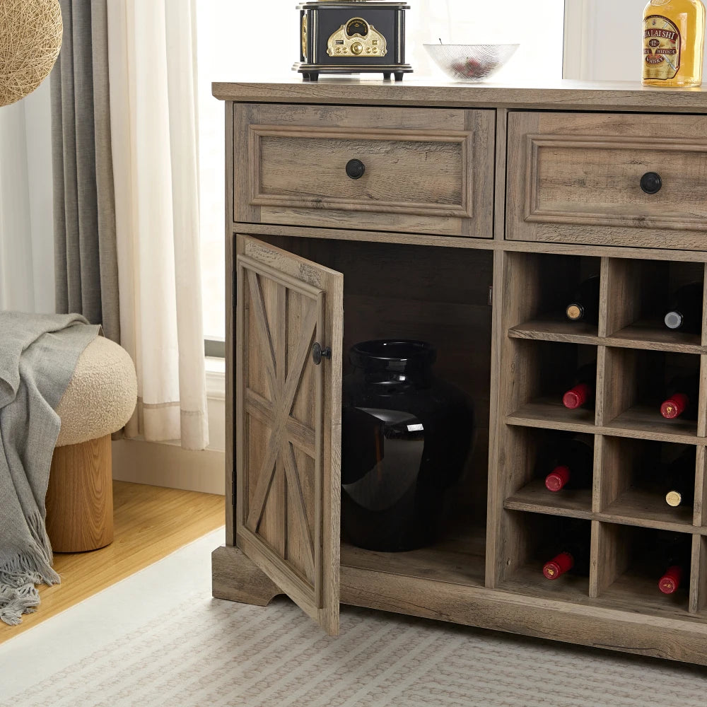 Farmhouse Wood Sideboard Buffet Cabinet with 2 Drawers & Wine Bar Removable Wine Racks Storage Shelves