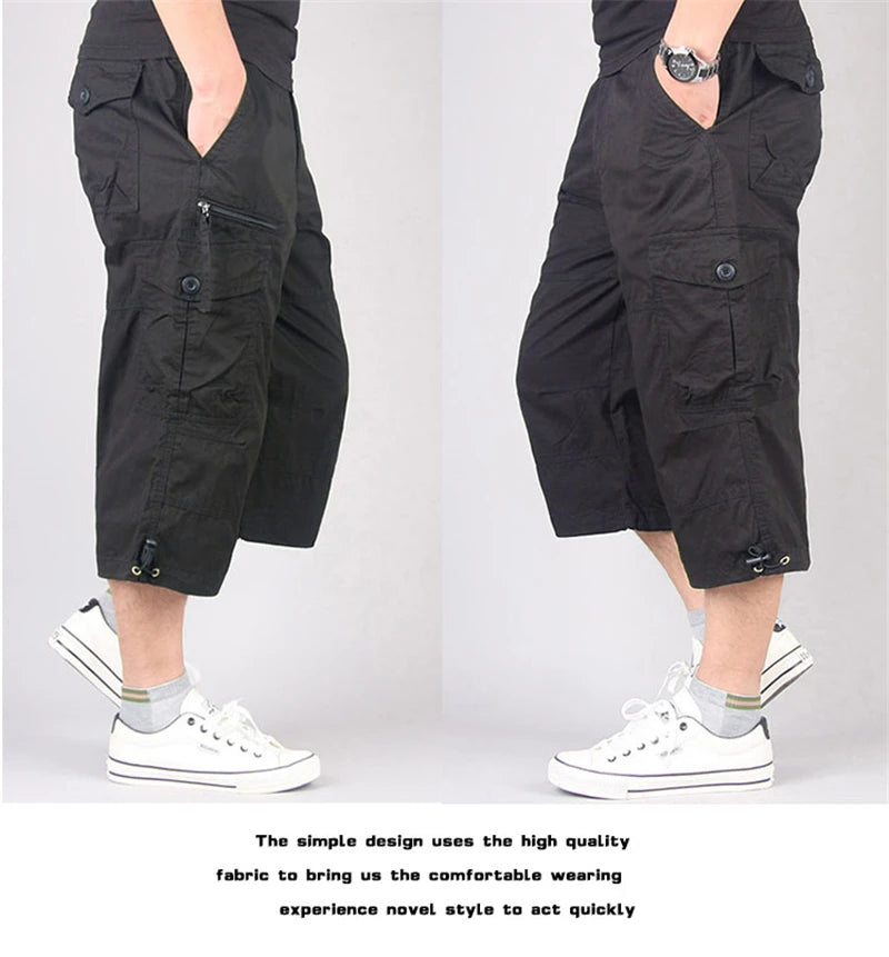 Men's Long Cargo Shorts — Multi-Pocket Military Tactical Cotton Capri Pants