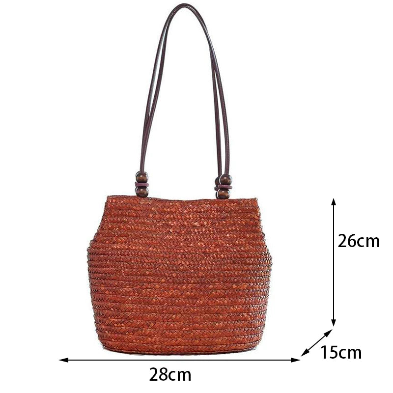 Handmade Straw Rattan Woven Tote Bag – Bohemian Beaded Summer Beach Shoulder Bag for Women