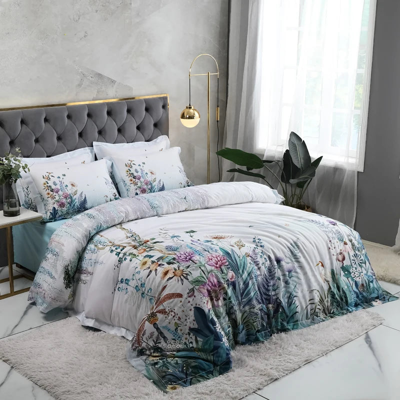 600TC Egyptian Cotton Bedding Set – Birds & Flowers Leaf Print, 16 Colors, Queen to US King