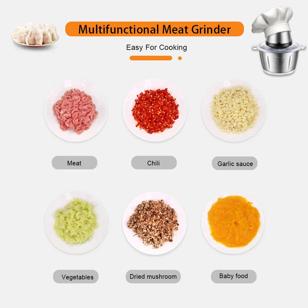 BioloMix 500W Electric Meat Grinder & Food Processor – 2L Stainless Steel, 2-Speed Chopper, Mincer & Slicer