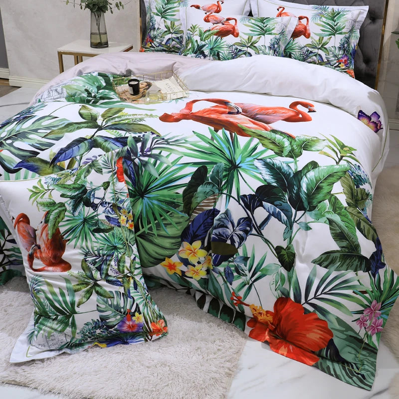 600TC Egyptian Cotton Bedding Set – Birds & Flowers Leaf Print, 16 Colors, Queen to US King