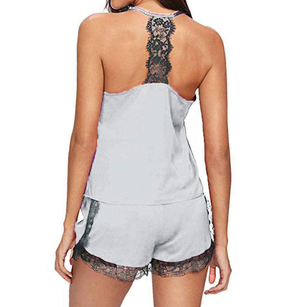 Lace V-Neck Satin Pajama Set — 2-Piece Sexy Sleepwear