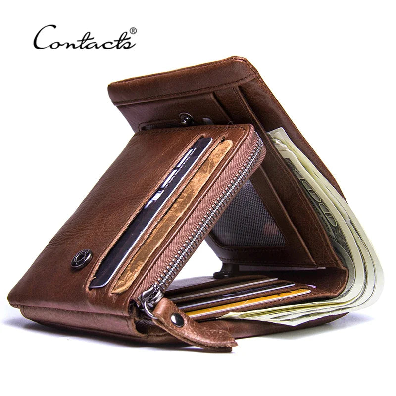 Genuine Cowhide Leather Men's Trifold Wallet – Vintage Crazy Horse Leather Zip Coin Pocket Purse