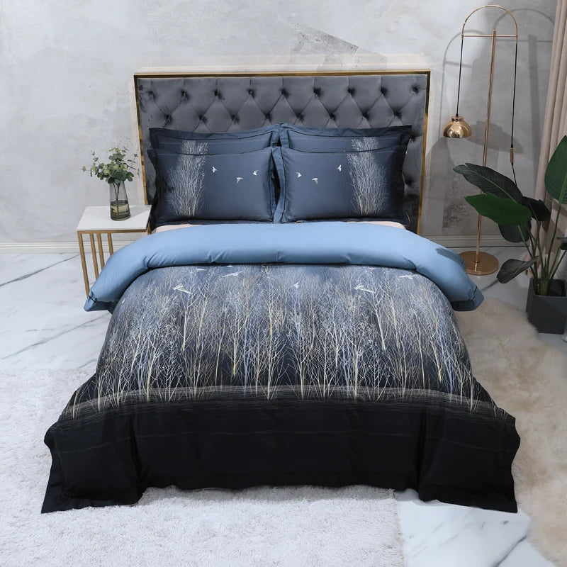 600TC Egyptian Cotton Bedding Set – Birds & Flowers Leaf Print, 16 Colors, Queen to US King
