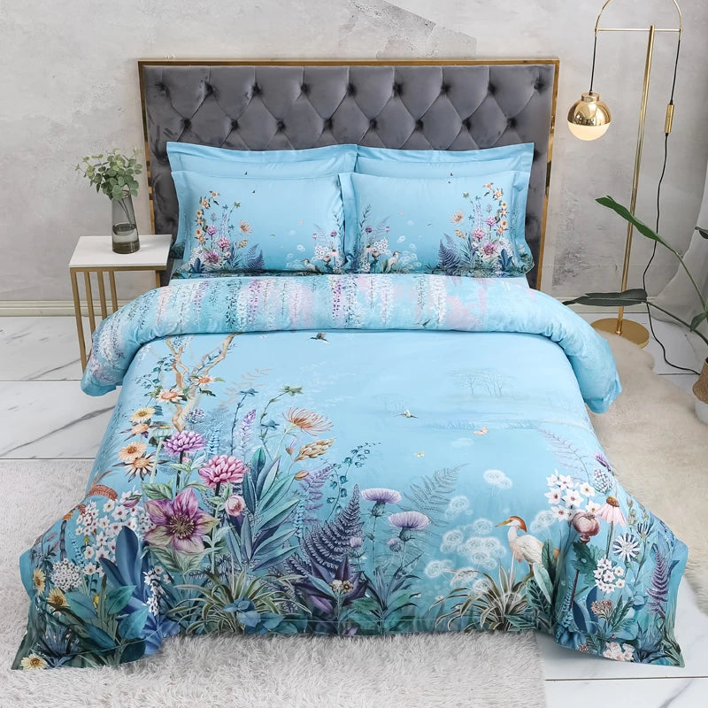600TC Egyptian Cotton Bedding Set – Birds & Flowers Leaf Print, 16 Colors, Queen to US King