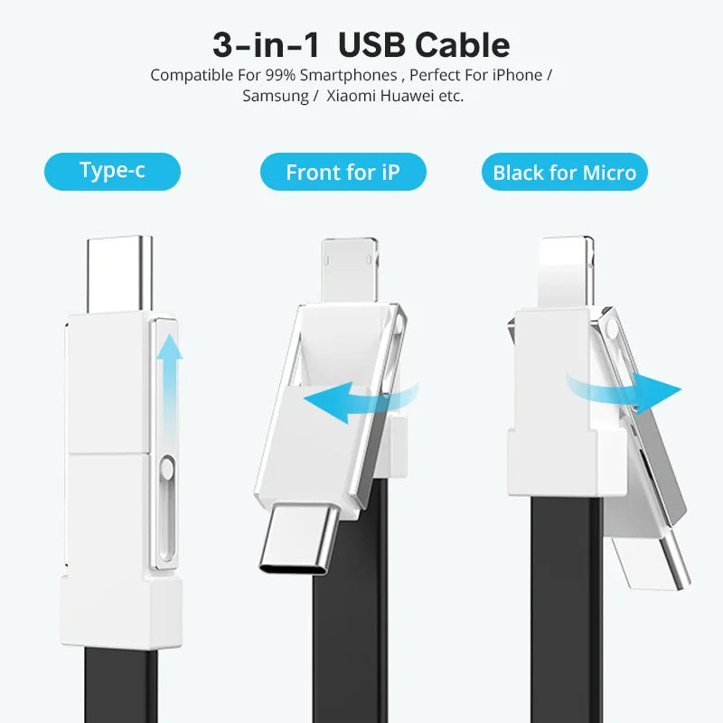 3-in-1 Magnetic Keychain USB Cable – Micro USB, USB-C & Lightning for iPhone & Android