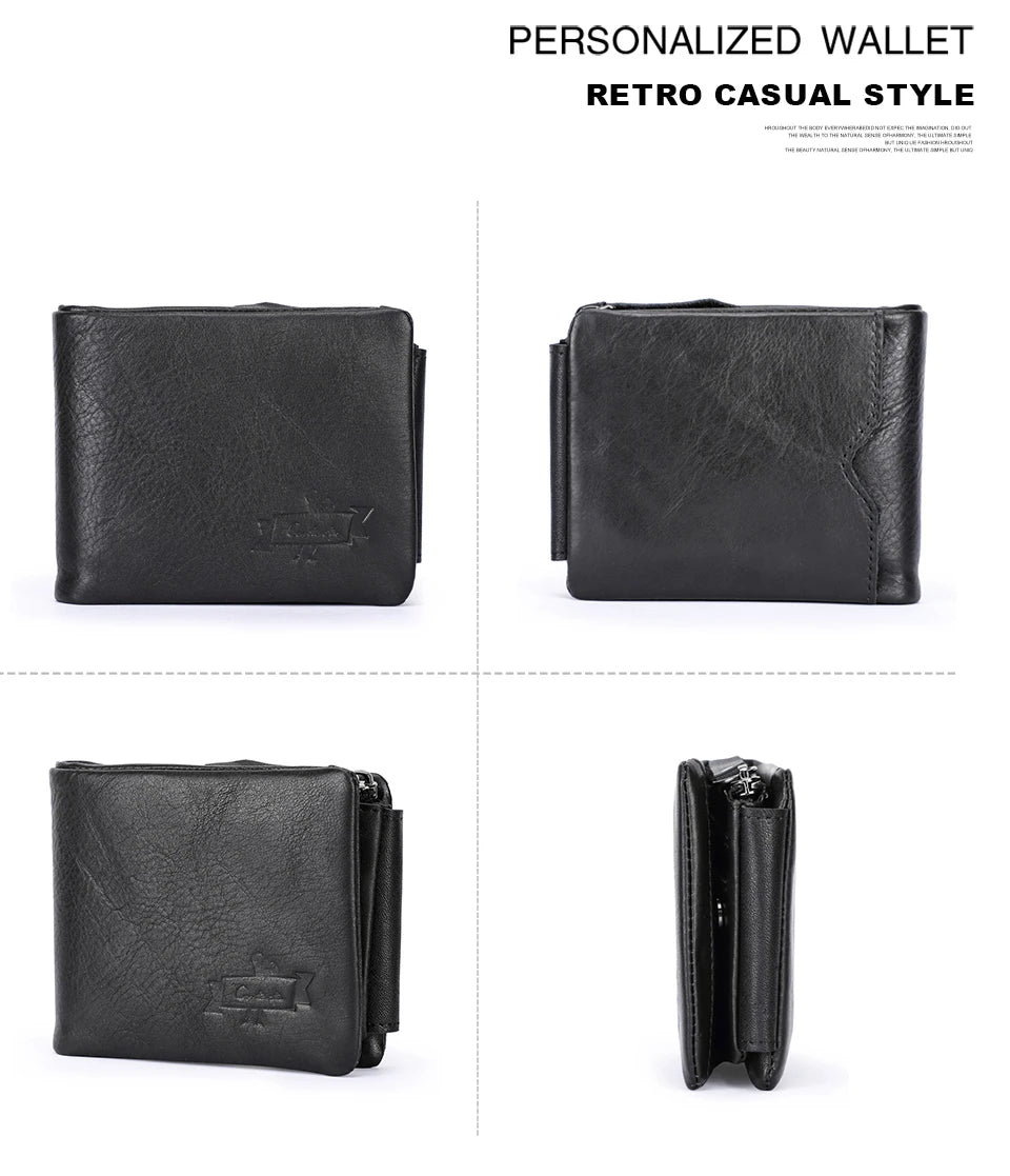 Genuine Cowhide Leather Men's Trifold Wallet – Vintage Crazy Horse Leather Zip Coin Pocket Purse