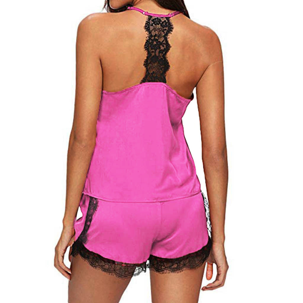 Lace V-Neck Satin Pajama Set — 2-Piece Sexy Sleepwear