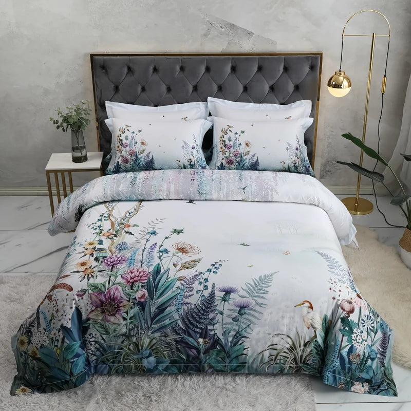 600TC Egyptian Cotton Bedding Set – Birds & Flowers Leaf Print, 16 Colors, Queen to US King