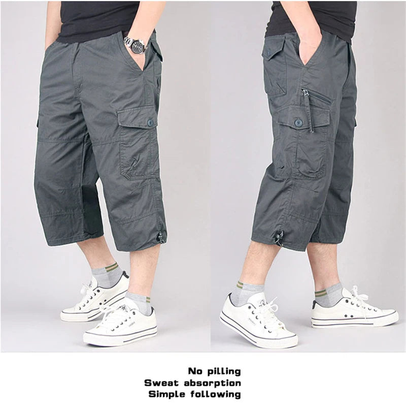 Men's Long Cargo Shorts — Multi-Pocket Military Tactical Cotton Capri Pants