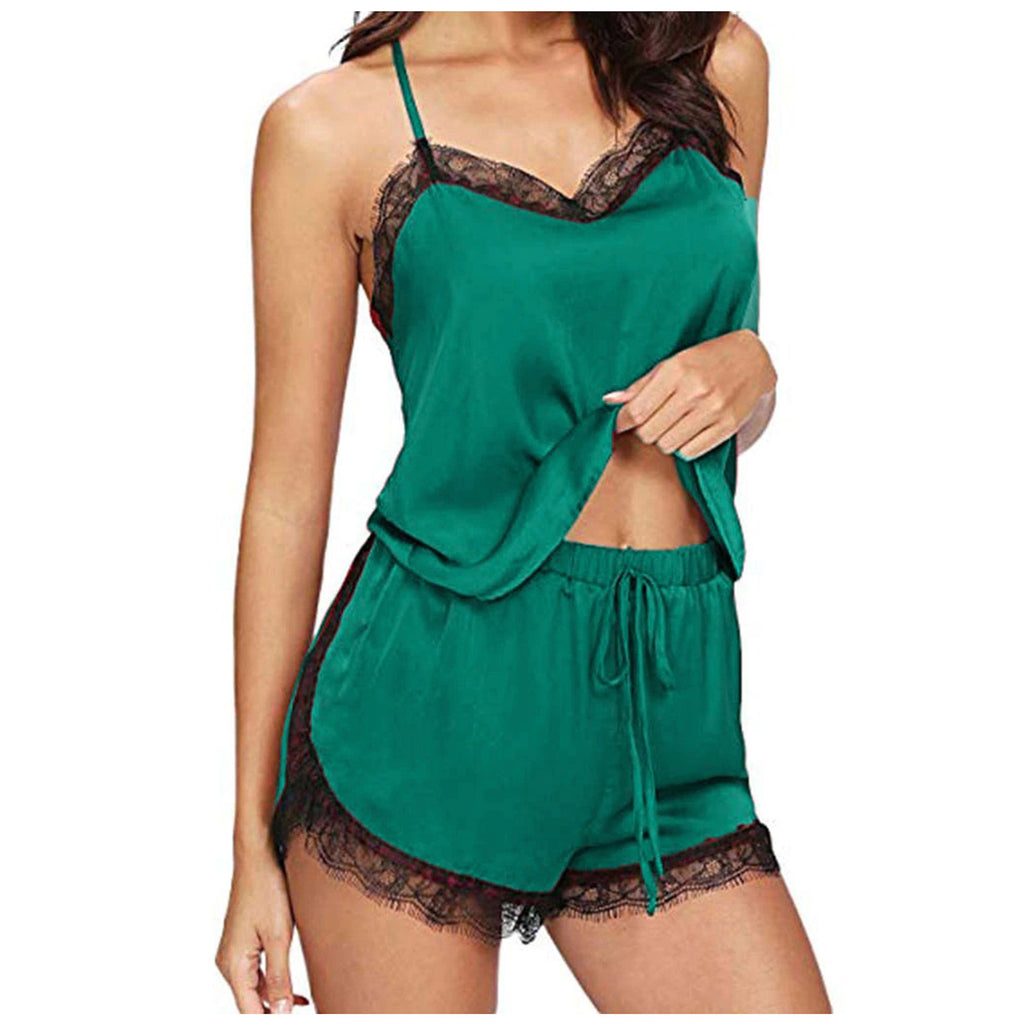 Lace V-Neck Satin Pajama Set — 2-Piece Sexy Sleepwear
