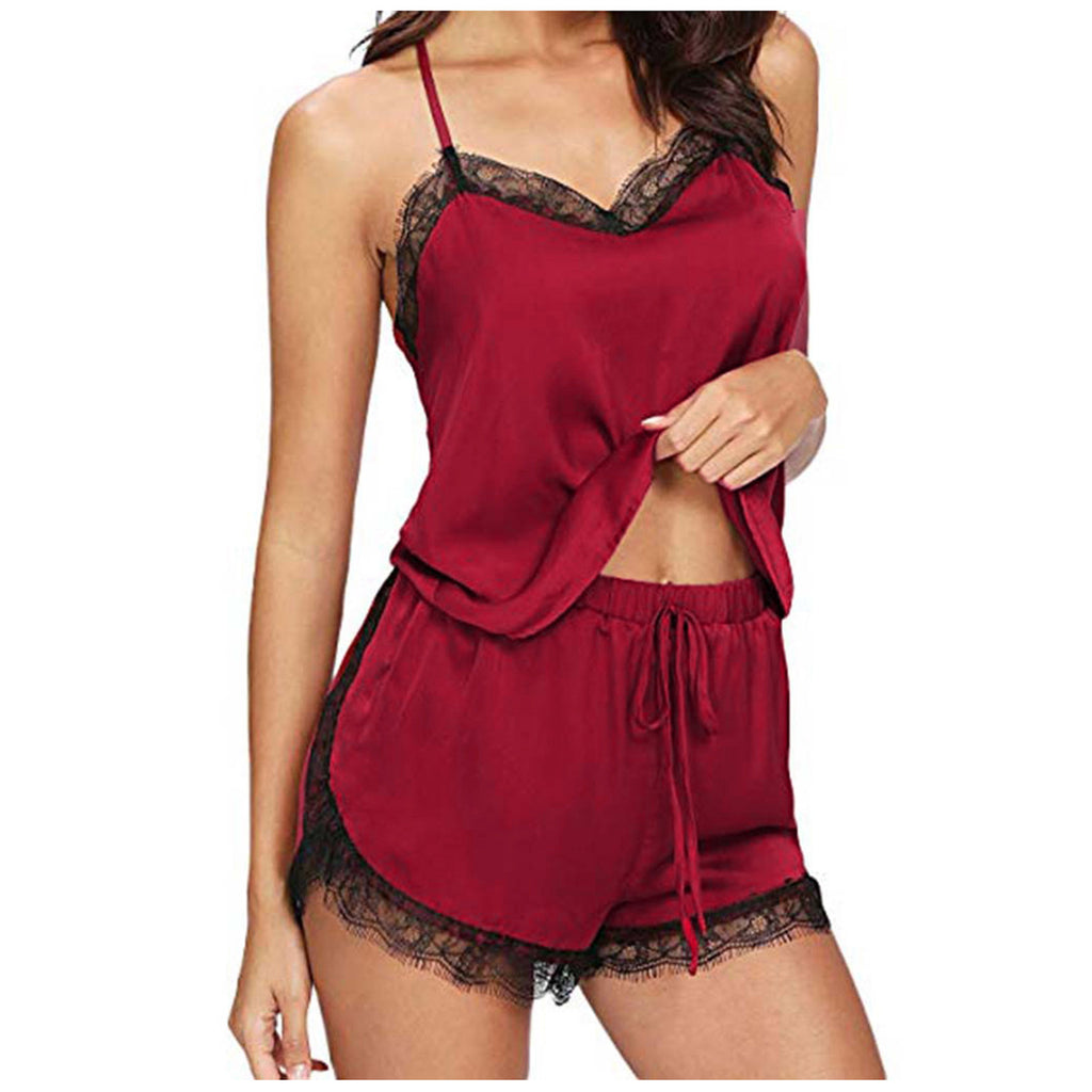Lace V-Neck Satin Pajama Set — 2-Piece Sexy Sleepwear