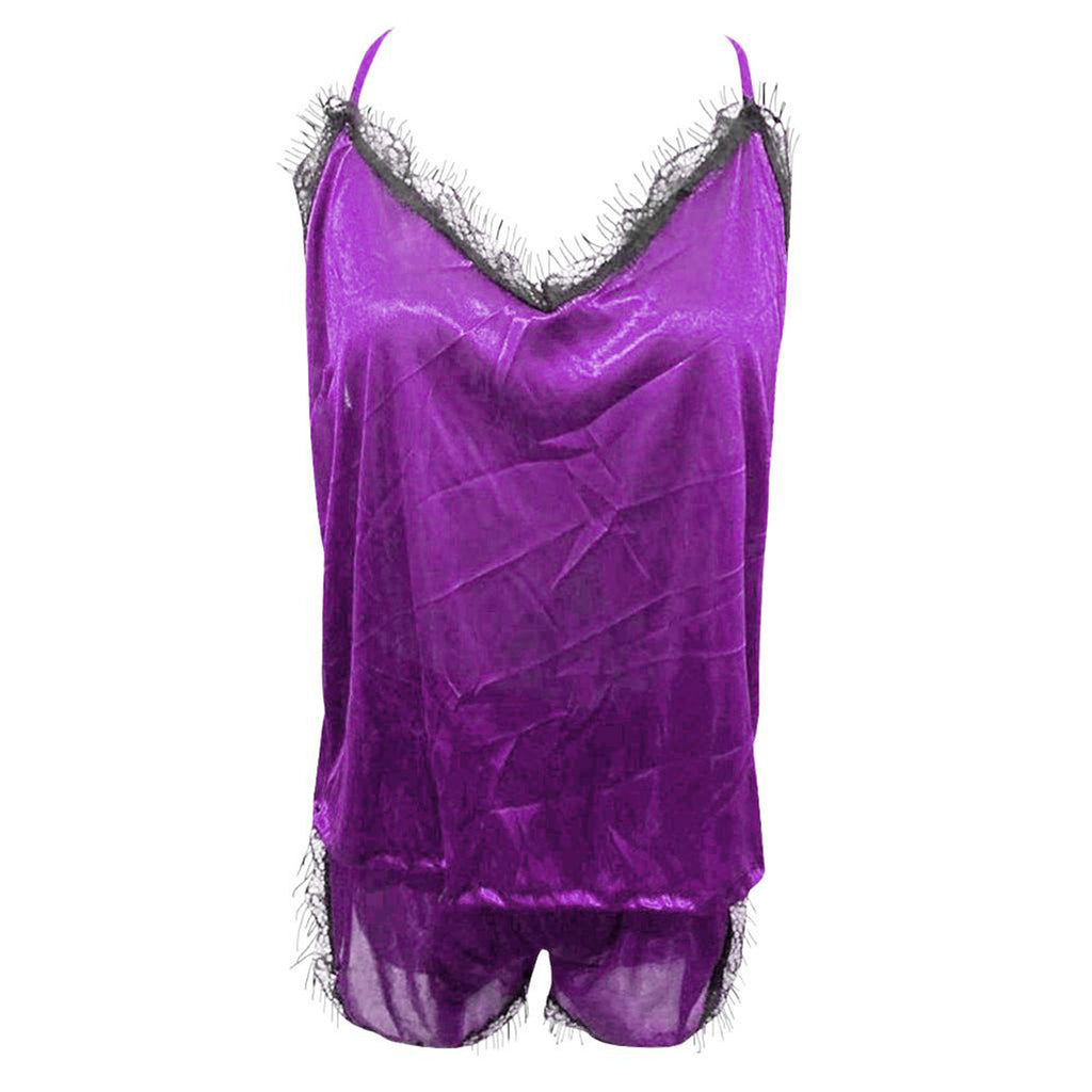 Lace V-Neck Satin Pajama Set — 2-Piece Sexy Sleepwear