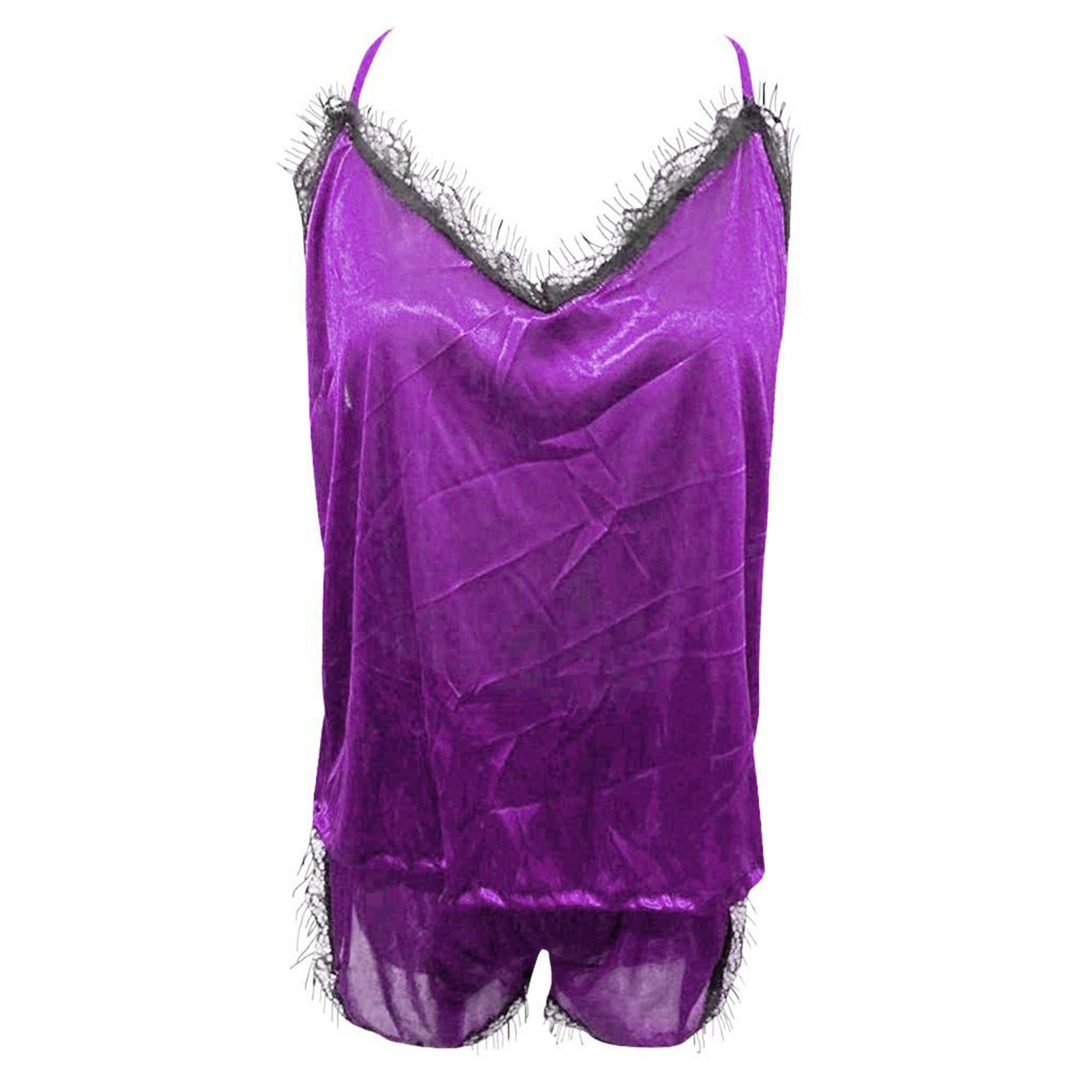 Lace V-Neck Satin Pajama Set — 2-Piece Sexy Sleepwear