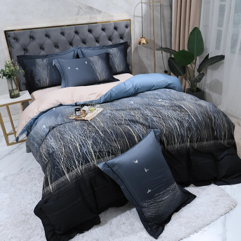 600TC Egyptian Cotton Bedding Set – Birds & Flowers Leaf Print, 16 Colors, Queen to US King