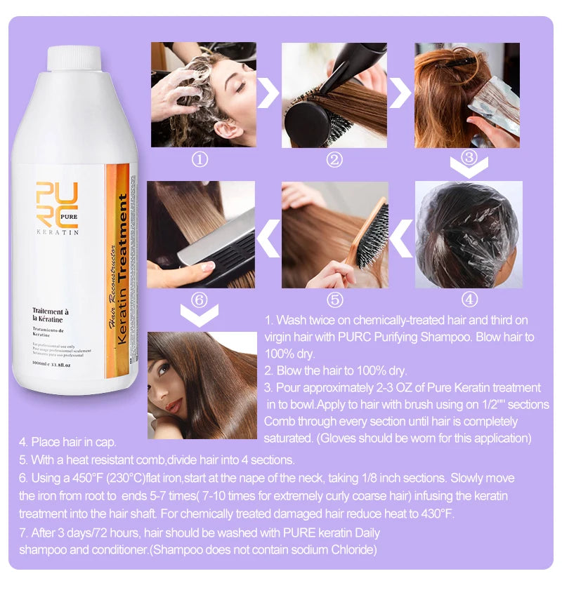 PURC 8% Keratin Smoothing Treatment Frizzy Removal Brazilian Keratin Curly Hair Care Products Salon Professional 1000ml