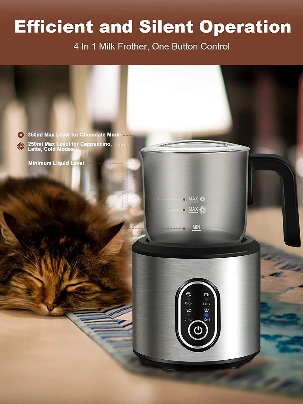 DEVISIB 4-in-1 Automatic Milk Frother – 350ml Stainless Steel Pitcher, Hot & Cold, Dishwasher Safe