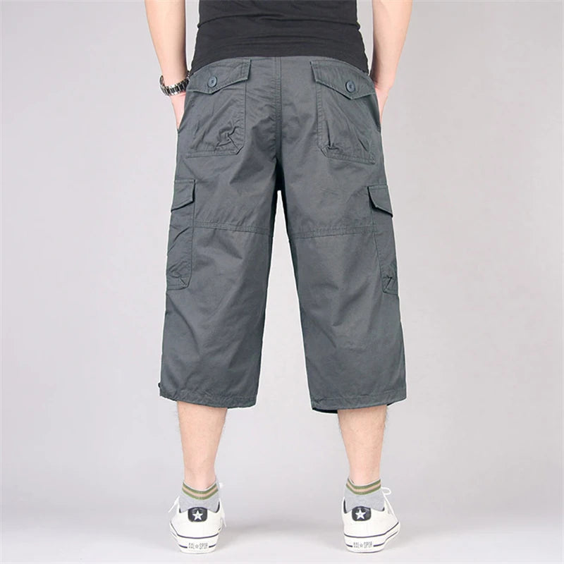 Men's Long Cargo Shorts — Multi-Pocket Military Tactical Cotton Capri Pants