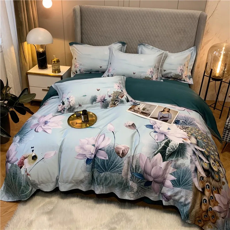 600TC Egyptian Cotton Bedding Set – Birds & Flowers Leaf Print, 16 Colors, Queen to US King