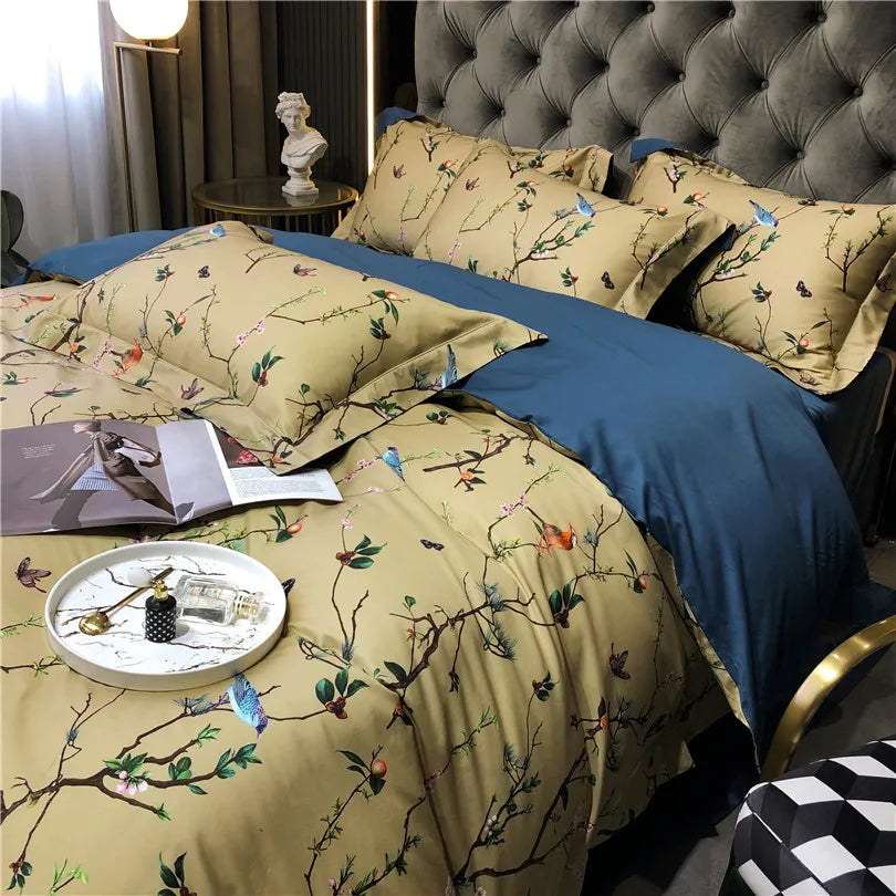 600TC Egyptian Cotton Bedding Set – Birds & Flowers Leaf Print, 16 Colors, Queen to US King