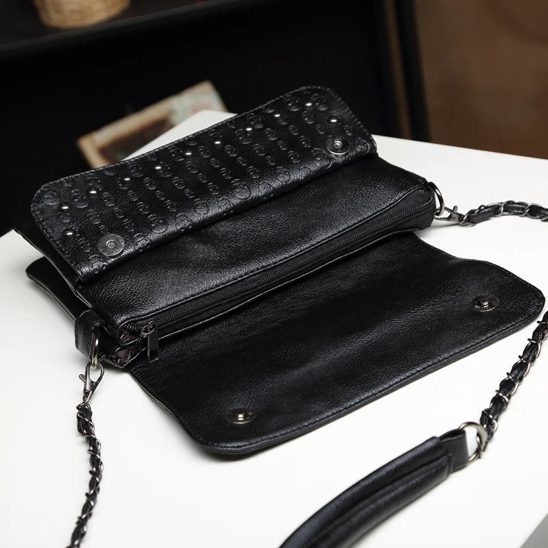 JIEROTYX England Style Skull Print PU Leather Crossbody Bag – Rivet Chain Shoulder Clutch for Women