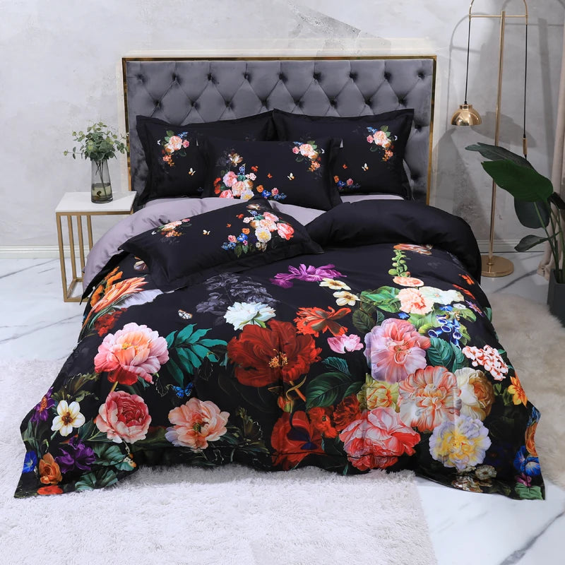 600TC Egyptian Cotton Bedding Set – Birds & Flowers Leaf Print, 16 Colors, Queen to US King