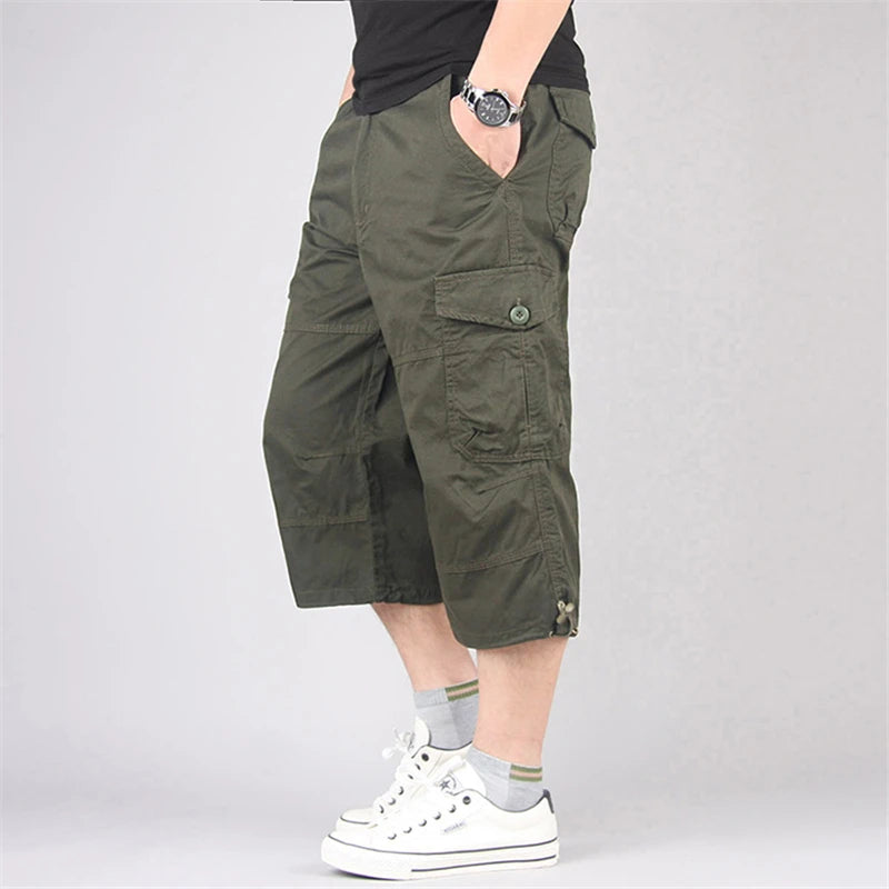 Men's Long Cargo Shorts — Multi-Pocket Military Tactical Cotton Capri Pants