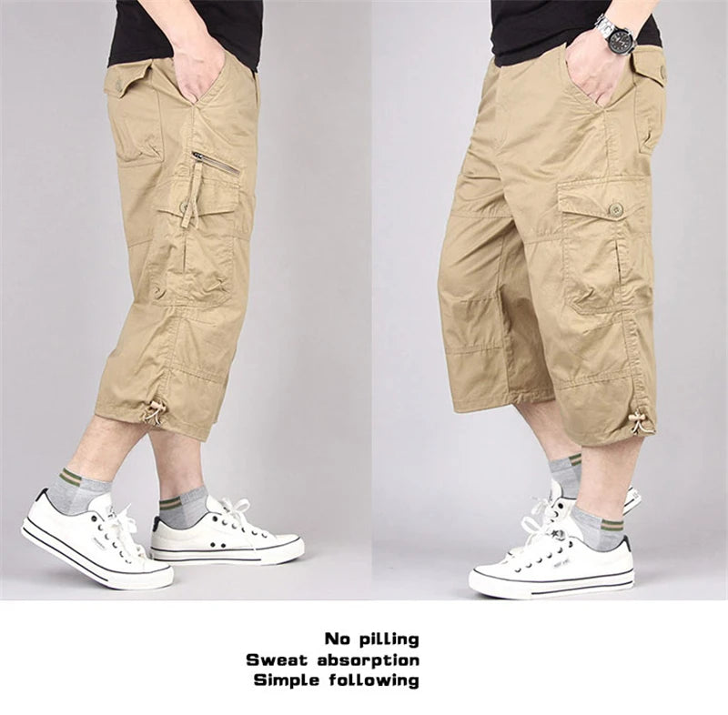 Men's Long Cargo Shorts — Multi-Pocket Military Tactical Cotton Capri Pants