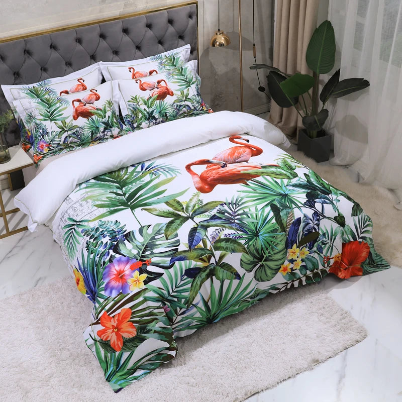600TC Egyptian Cotton Bedding Set – Birds & Flowers Leaf Print, 16 Colors, Queen to US King
