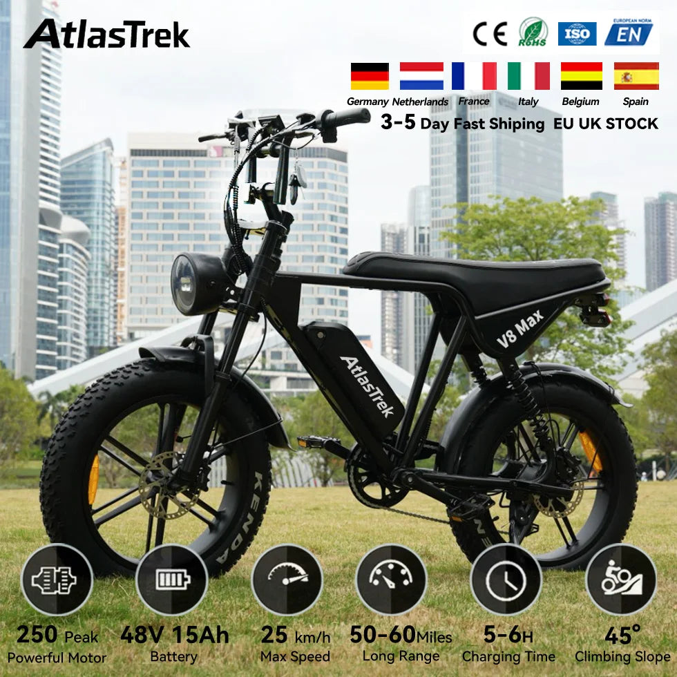AtlasTrek V8 Max 250W AWD Fat Tire Electric Mountain Bike — 48V 15Ah 20" Full Suspension, Hydraulic Brakes