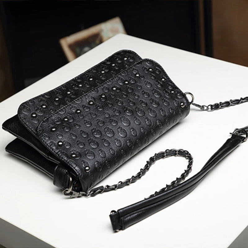 JIEROTYX England Style Skull Print PU Leather Crossbody Bag – Rivet Chain Shoulder Clutch for Women