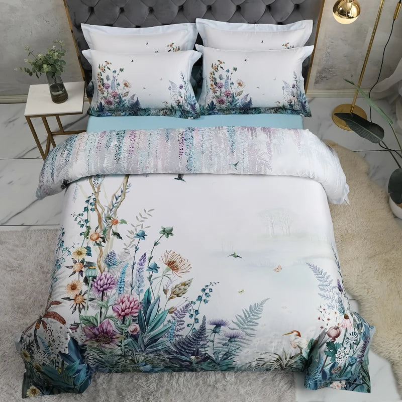 600TC Egyptian Cotton Bedding Set – Birds & Flowers Leaf Print, 16 Colors, Queen to US King