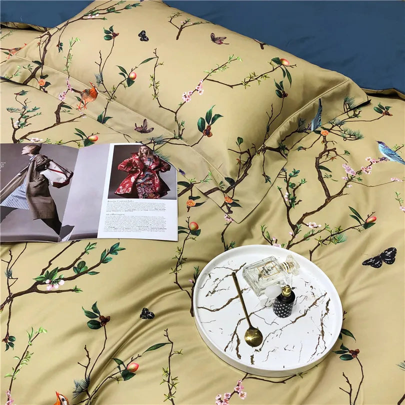 600TC Egyptian Cotton Bedding Set – Birds & Flowers Leaf Print, 16 Colors, Queen to US King