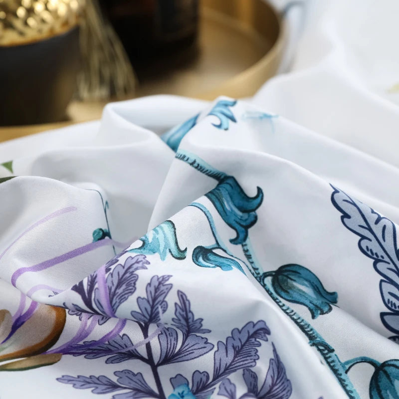 600TC Egyptian Cotton Bedding Set – Birds & Flowers Leaf Print, 16 Colors, Queen to US King