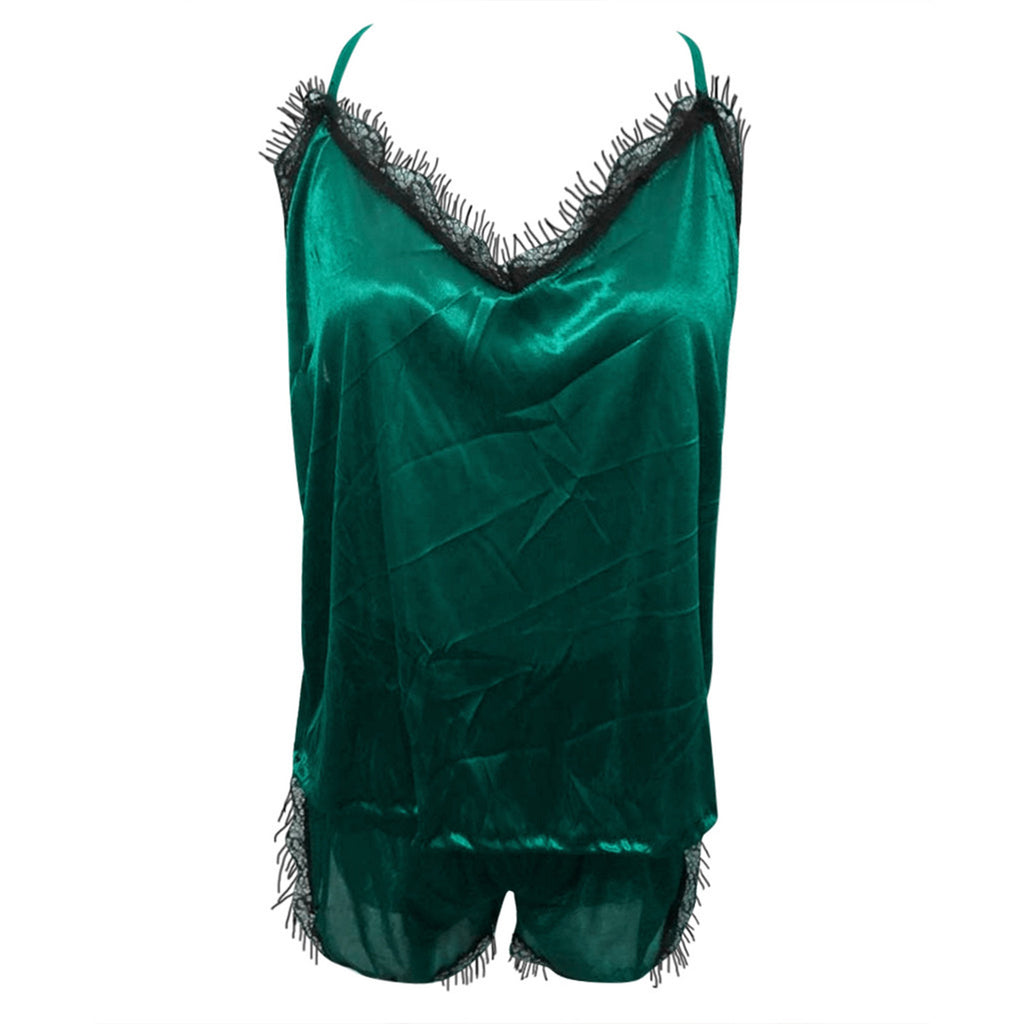Lace V-Neck Satin Pajama Set — 2-Piece Sexy Sleepwear
