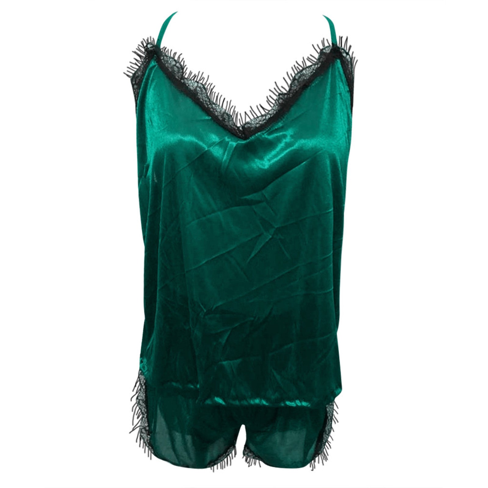 Lace V-Neck Satin Pajama Set — 2-Piece Sexy Sleepwear