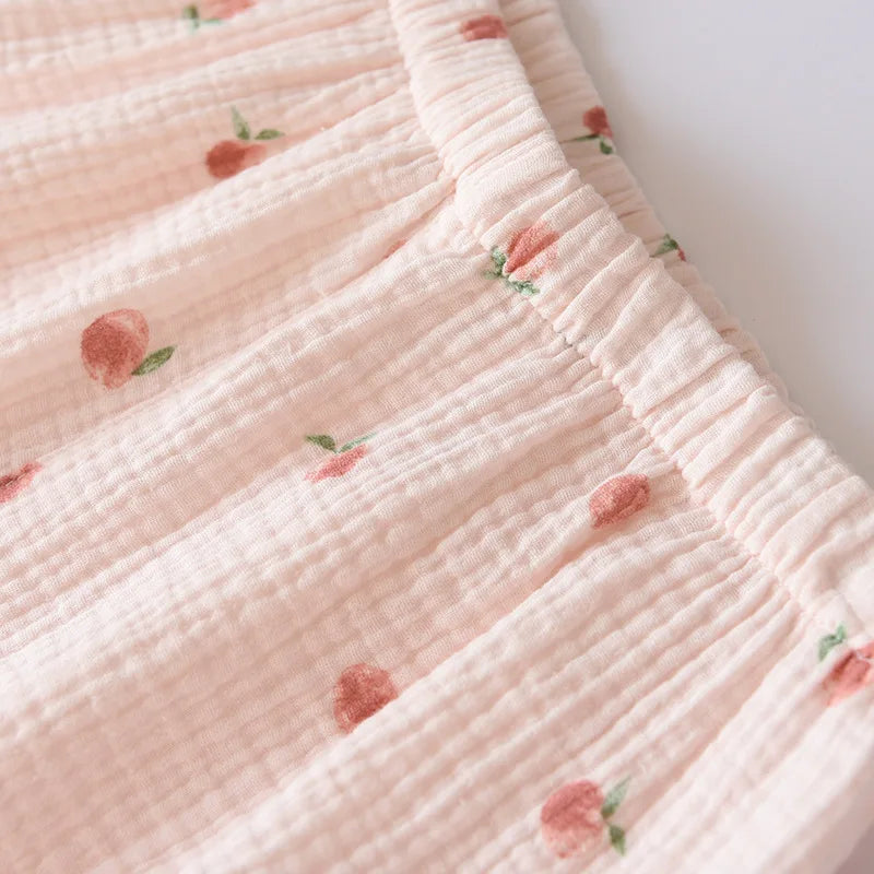 Women's 100% Cotton Short Sleeve Shorts Pajamas Set | Thin Crepe Cloth Spring Autumn Loose Homewear