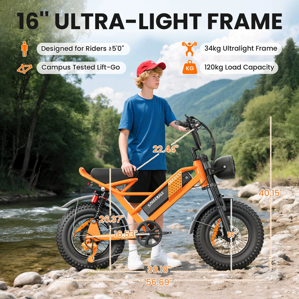 750W 16" Full Suspension Fat Tire Electric Mountain Bike for Kids — 48V 6-Speed (US Stock)
