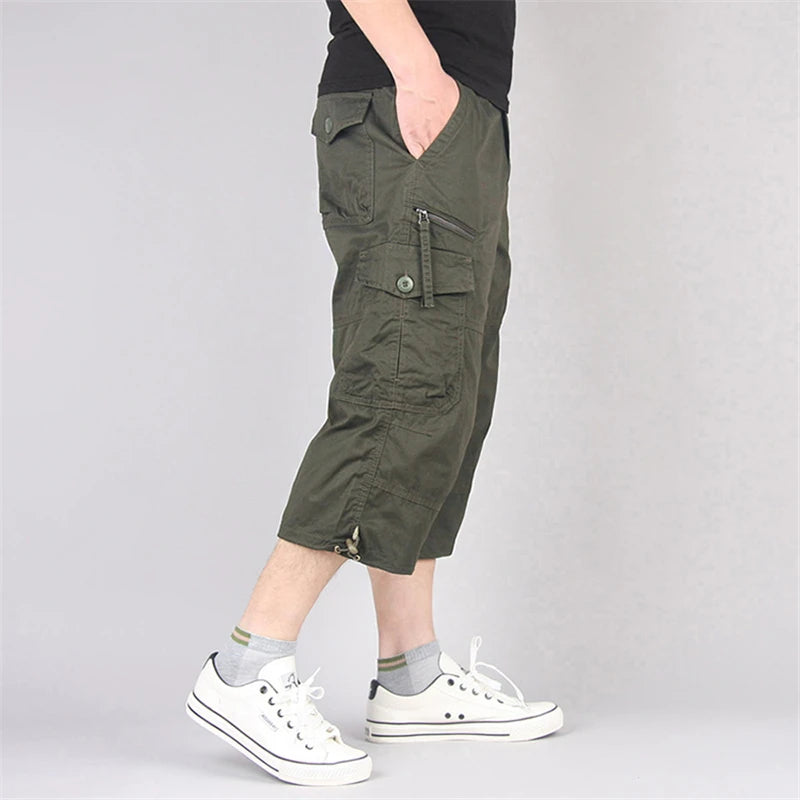 Men's Long Cargo Shorts — Multi-Pocket Military Tactical Cotton Capri Pants