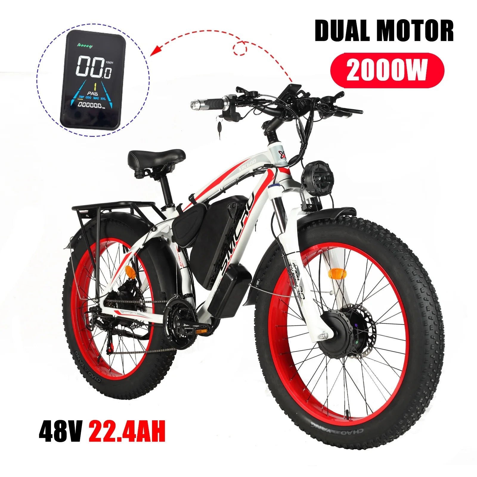 Smlro XDC600 Dual Motor 2000W Fat Tire Electric Bike — 48V 22.4Ah 26" 21-Speed, Hydraulic Disc Brakes