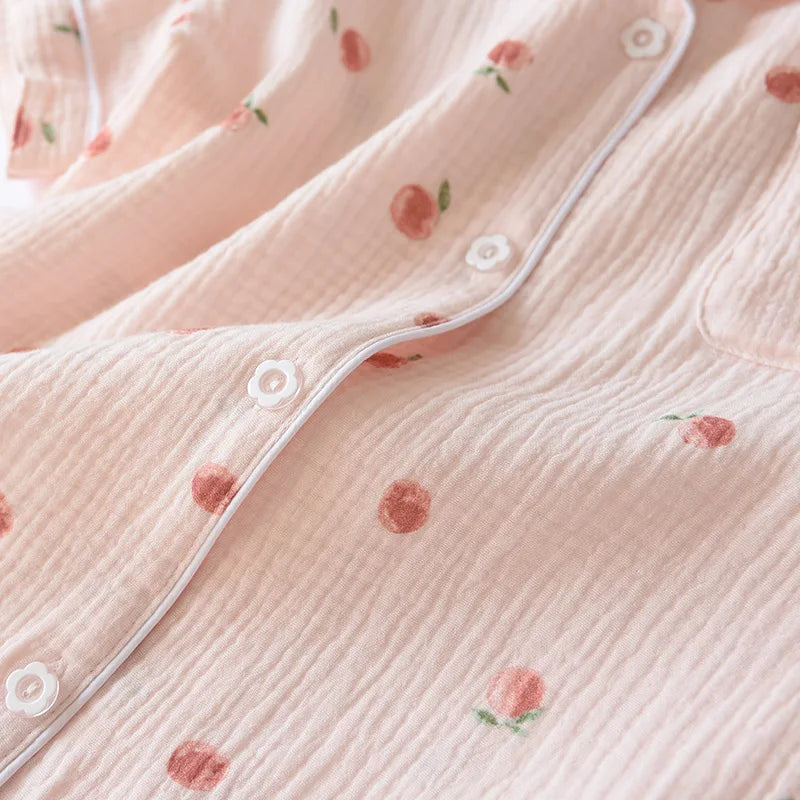 Women's 100% Cotton Short Sleeve Shorts Pajamas Set | Thin Crepe Cloth Spring Autumn Loose Homewear