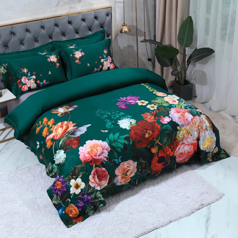 600TC Egyptian Cotton Bedding Set – Birds & Flowers Leaf Print, 16 Colors, Queen to US King