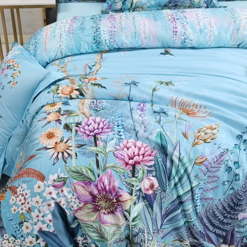 600TC Egyptian Cotton Bedding Set – Birds & Flowers Leaf Print, 16 Colors, Queen to US King