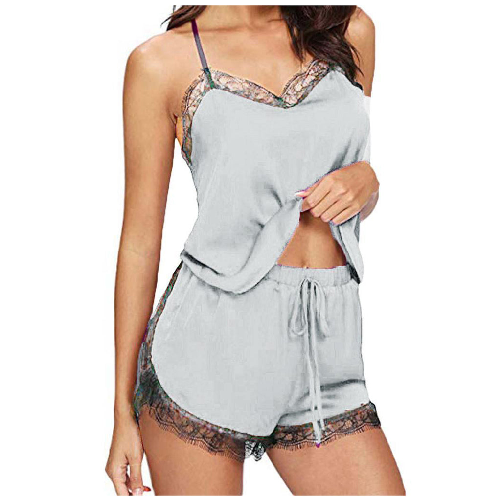Lace V-Neck Satin Pajama Set — 2-Piece Sexy Sleepwear