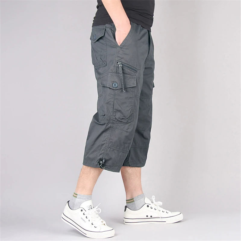 Men's Long Cargo Shorts — Multi-Pocket Military Tactical Cotton Capri Pants