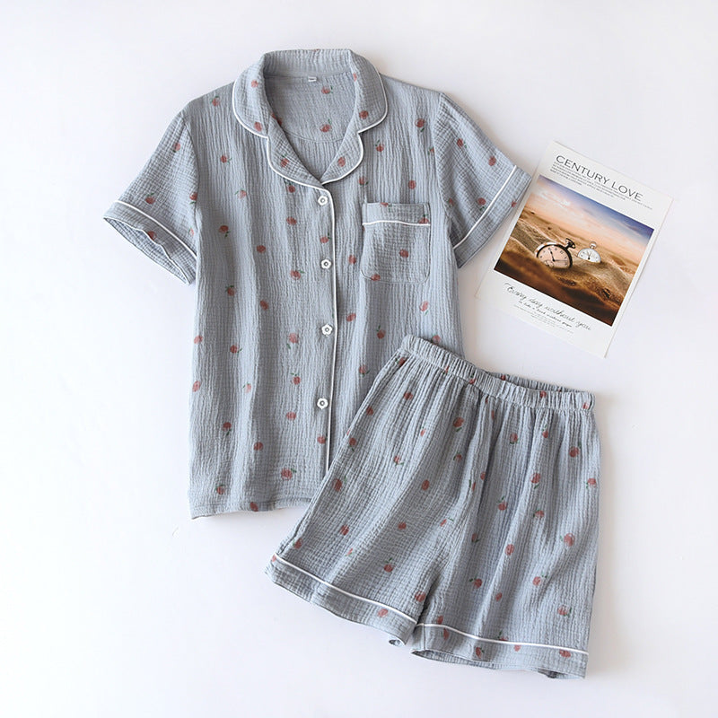 Women's 100% Cotton Short Sleeve Shorts Pajamas Set | Thin Crepe Cloth Spring Autumn Loose Homewear
