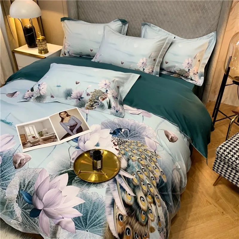 600TC Egyptian Cotton Bedding Set – Birds & Flowers Leaf Print, 16 Colors, Queen to US King