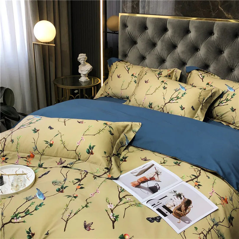 600TC Egyptian Cotton Bedding Set – Birds & Flowers Leaf Print, 16 Colors, Queen to US King