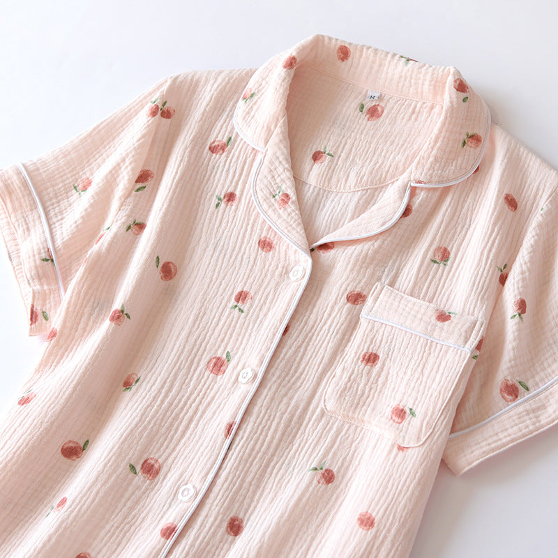 Women's 100% Cotton Short Sleeve Shorts Pajamas Set | Thin Crepe Cloth Spring Autumn Loose Homewear